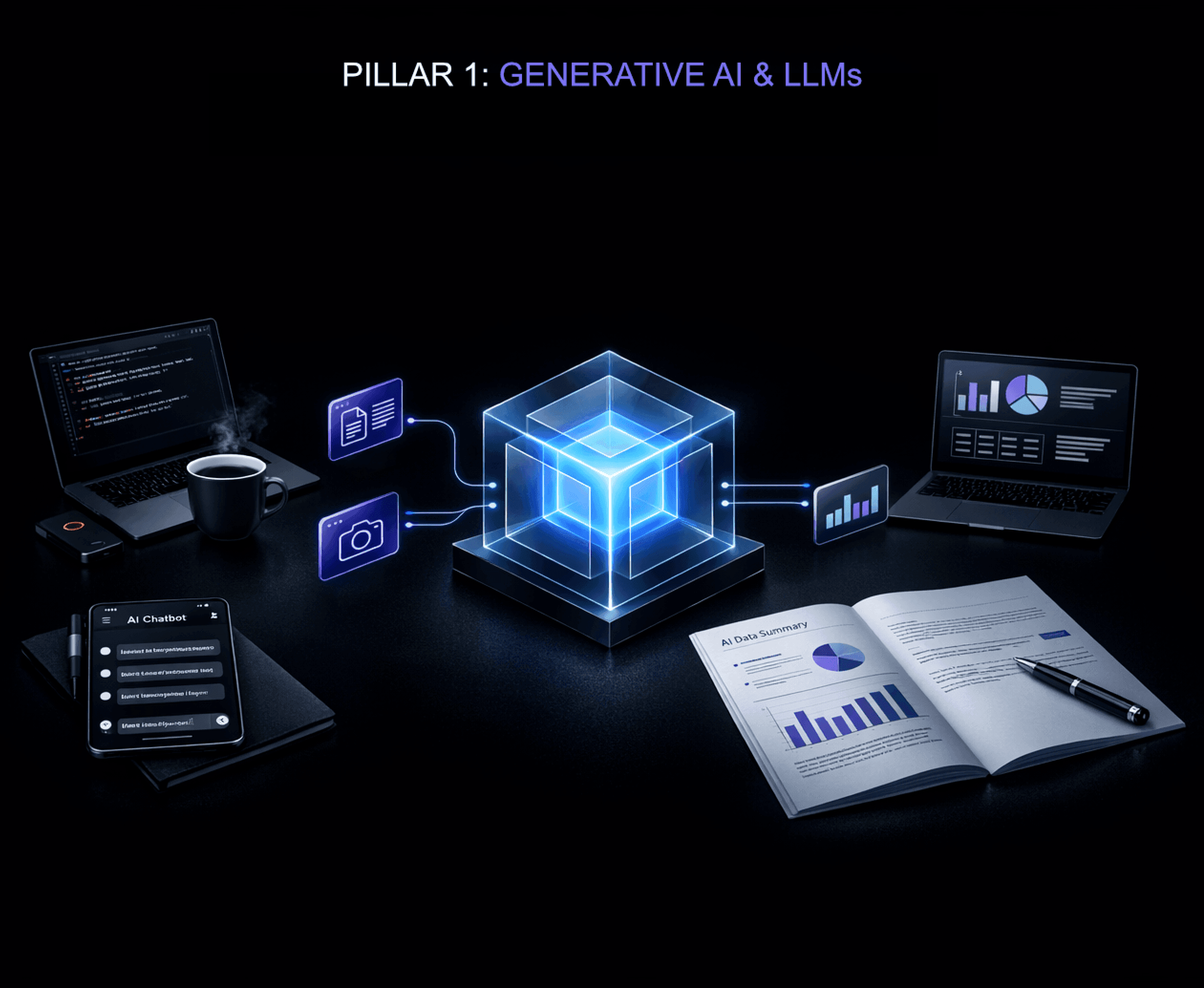 Pillar 1: Generative AI and LLMs concept showing a glowing cube connected to devices, chatbot interfaces, and data summaries