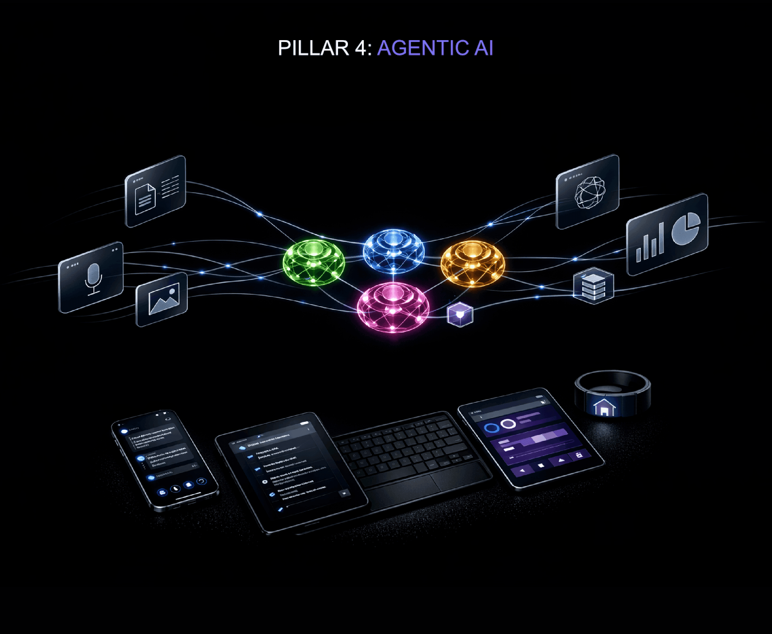 Pillar 4: Agentic AI concept showing multi-agent coordination across devices with colourful network nodes